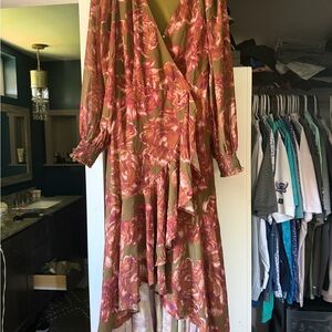 Flying Tomato Olive and Rose Floral High-Low Wrap Dress